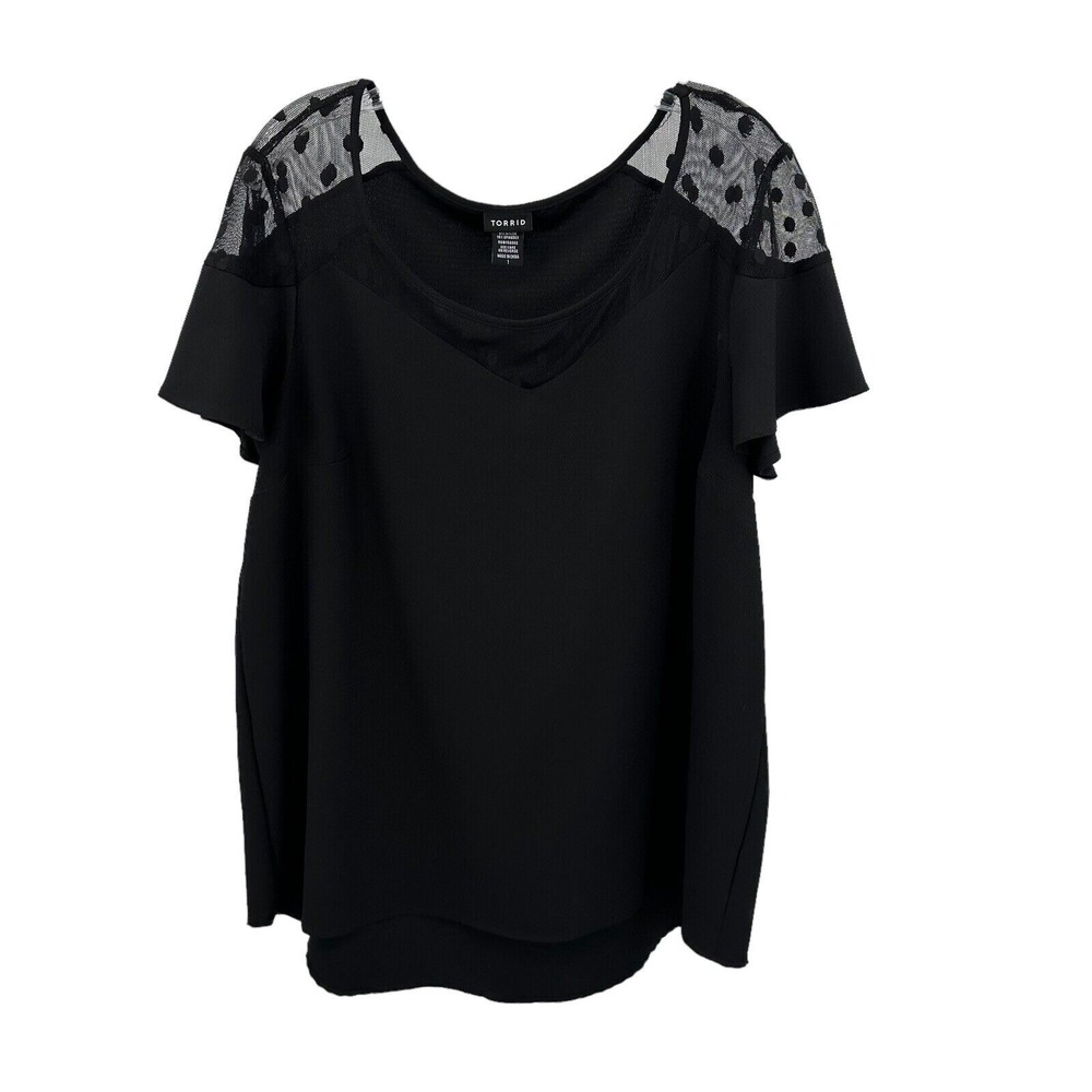Torrid Black Polka Dot Mesh Yoke Flutter Sleeve Blouse Top Womens Size 1 XL